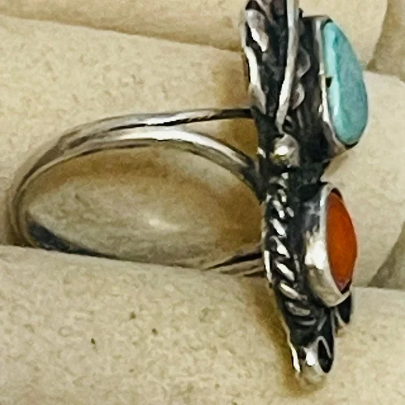 VTG Native American Navajo Sterling Silver Turquoise Coral Ring Sz 5.25 - Picture 2 of 6